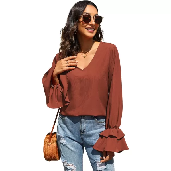 LYANER Women's Casual V Neck Tiered Ruffle Bell Long Sleeve Blouse Shirt Tunic Top