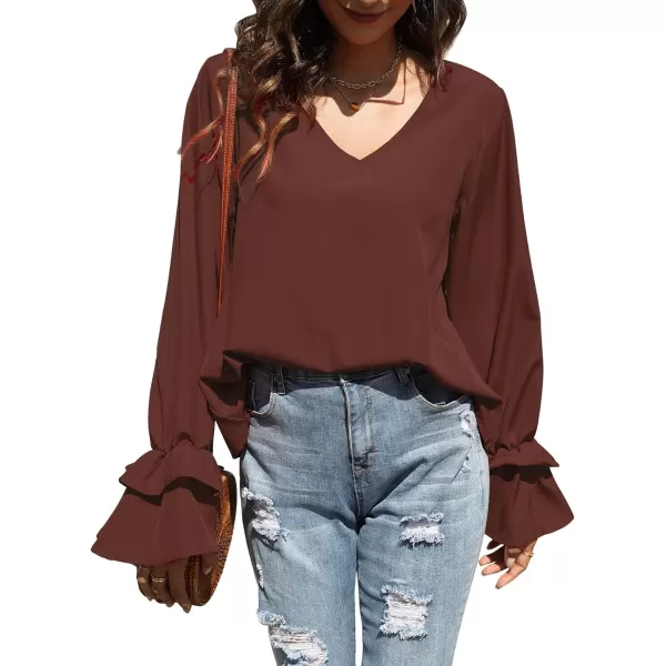 LYANER Women's Casual V Neck Tiered Ruffle Bell Long Sleeve Blouse Shirt Tunic Top