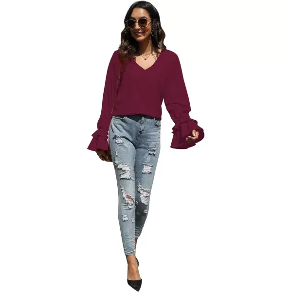 LYANER Women's Casual V Neck Tiered Ruffle Bell Long Sleeve Blouse Shirt Tunic Top