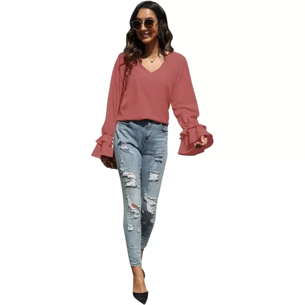 LYANER Women's Casual V Neck Tiered Ruffle Bell Long Sleeve Blouse Shirt Tunic Top