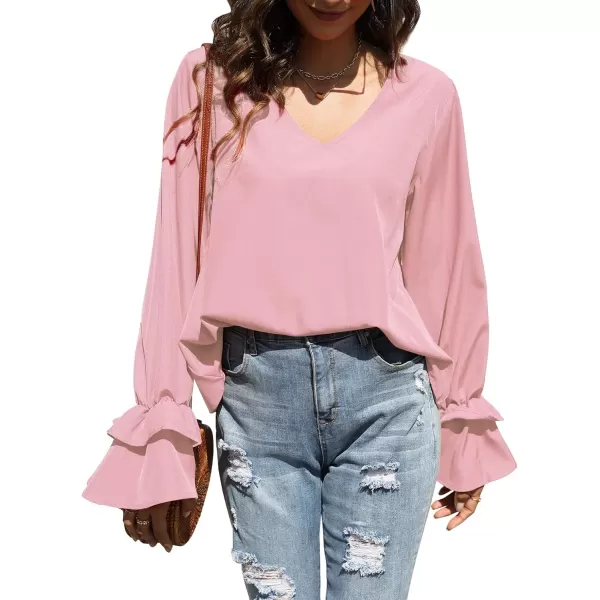 LYANER Women's Casual V Neck Tiered Ruffle Bell Long Sleeve Blouse Shirt Tunic Top