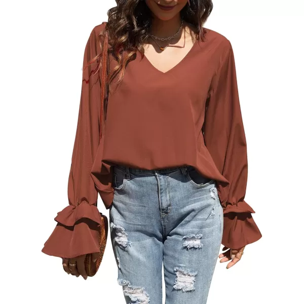 LYANER Women's Casual V Neck Tiered Ruffle Bell Long Sleeve Blouse Shirt Tunic Top