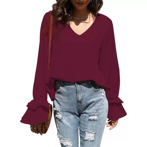 LYANER Women's Casual V Neck Tiered Ruffle Bell Long Sleeve Blouse Shirt Tunic Top