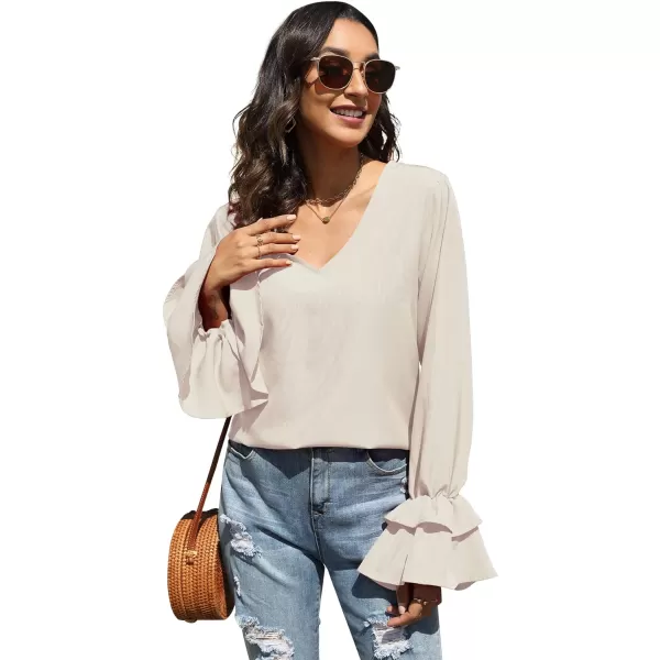 LYANER Women's Casual V Neck Tiered Ruffle Bell Long Sleeve Blouse Shirt Tunic Top