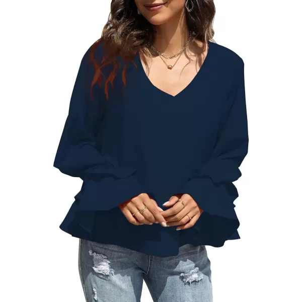 LYANER Women's Casual V Neck Tiered Ruffle Bell Long Sleeve Blouse Shirt Tunic Top