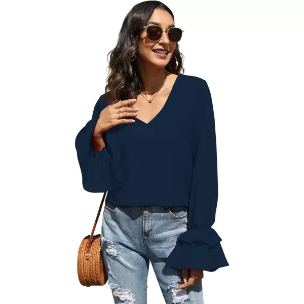 LYANER Women's Casual V Neck Tiered Ruffle Bell Long Sleeve Blouse Shirt Tunic Top