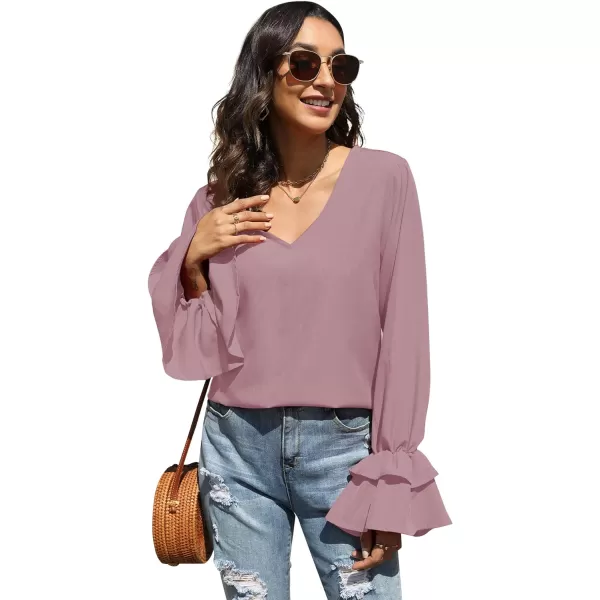 LYANER Women's Casual V Neck Tiered Ruffle Bell Long Sleeve Blouse Shirt Tunic Top