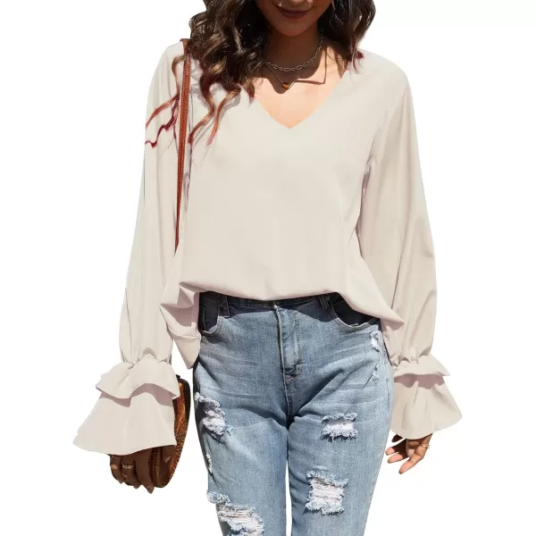 LYANER Women's Casual V Neck Tiered Ruffle Bell Long Sleeve Blouse Shirt Tunic Top