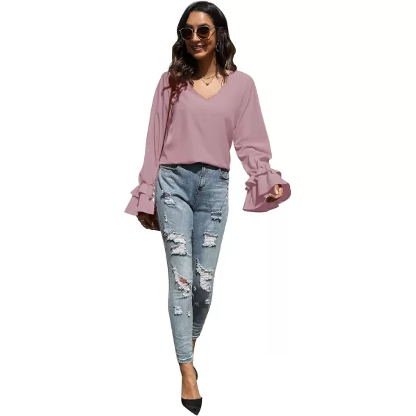 LYANER Women's Casual V Neck Tiered Ruffle Bell Long Sleeve Blouse Shirt Tunic Top