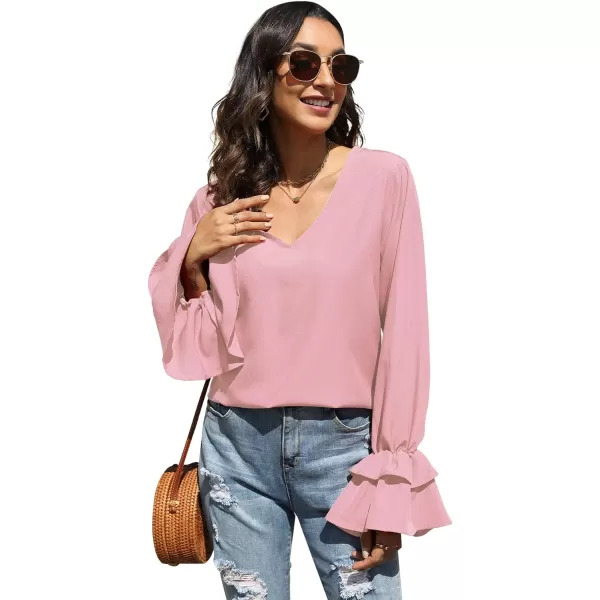 LYANER Women's Casual V Neck Tiered Ruffle Bell Long Sleeve Blouse Shirt Tunic Top