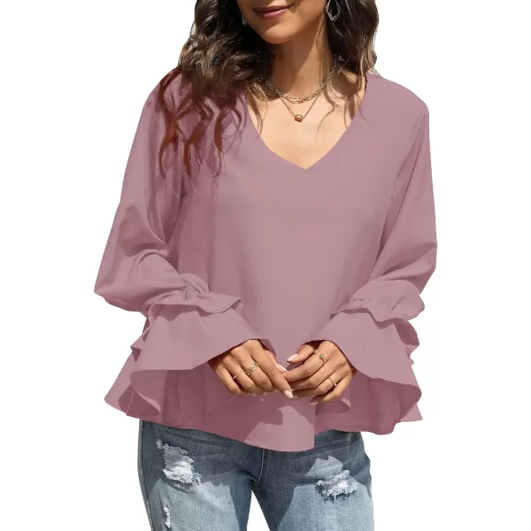 LYANER Women's Casual V Neck Tiered Ruffle Bell Long Sleeve Blouse Shirt Tunic Top