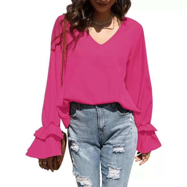 LYANER Women's Casual V Neck Tiered Ruffle Bell Long Sleeve Blouse Shirt Tunic Top