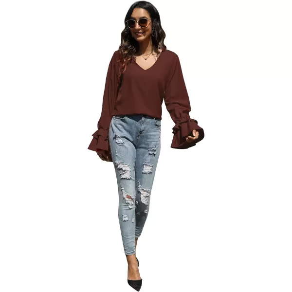 LYANER Women's Casual V Neck Tiered Ruffle Bell Long Sleeve Blouse Shirt Tunic Top