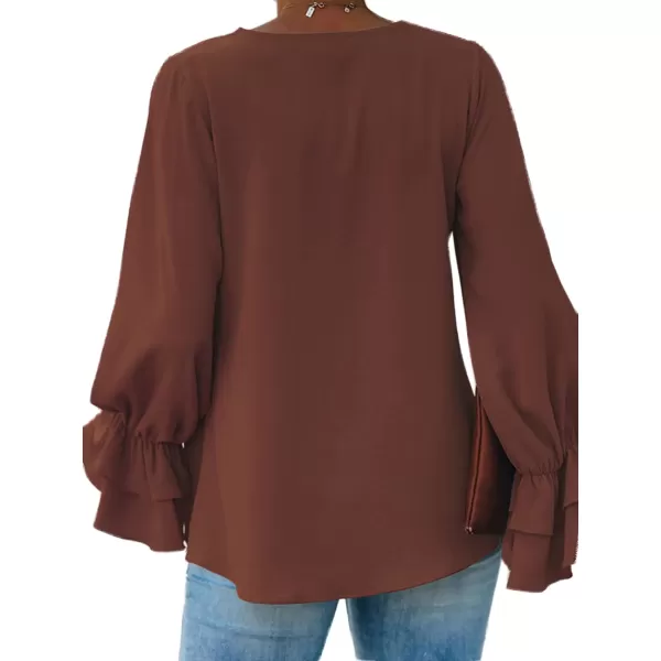 LYANER Women's Casual V Neck Tiered Ruffle Bell Long Sleeve Blouse Shirt Tunic Top