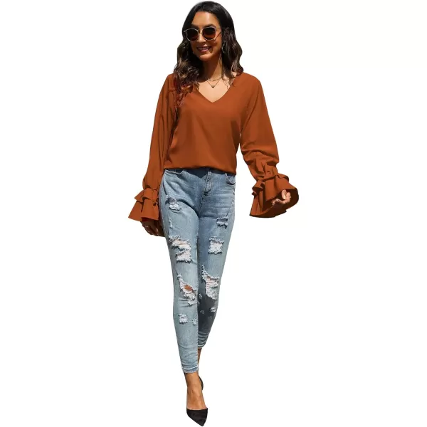 LYANER Women's Casual V Neck Tiered Ruffle Bell Long Sleeve Blouse Shirt Tunic Top