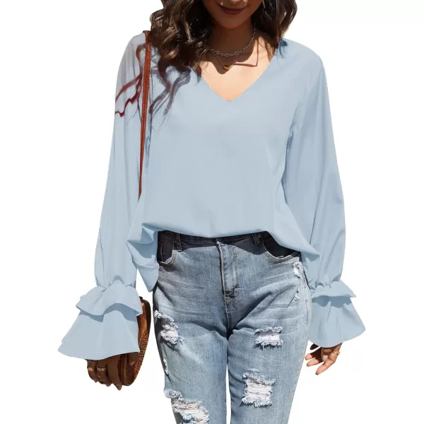 LYANER Women's Casual V Neck Tiered Ruffle Bell Long Sleeve Blouse Shirt Tunic Top