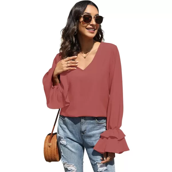 LYANER Women's Casual V Neck Tiered Ruffle Bell Long Sleeve Blouse Shirt Tunic Top