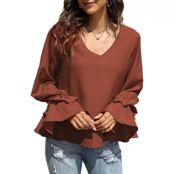 LYANER Women's Casual V Neck Tiered Ruffle Bell Long Sleeve Blouse Shirt Tunic Top