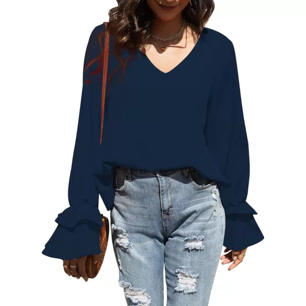 LYANER Women's Casual V Neck Tiered Ruffle Bell Long Sleeve Blouse Shirt Tunic Top