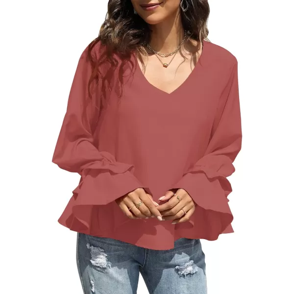 LYANER Women's Casual V Neck Tiered Ruffle Bell Long Sleeve Blouse Shirt Tunic Top