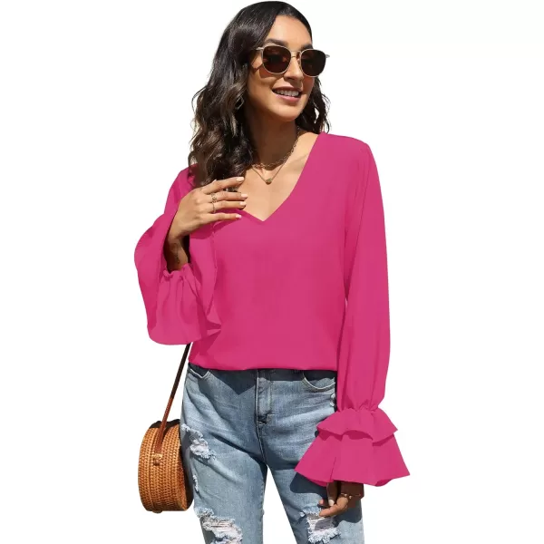 LYANER Women's Casual V Neck Tiered Ruffle Bell Long Sleeve Blouse Shirt Tunic Top