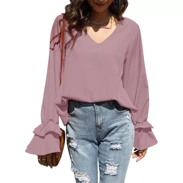 LYANER Women's Casual V Neck Tiered Ruffle Bell Long Sleeve Blouse Shirt Tunic Top
