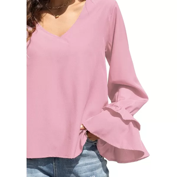 LYANER Women's Casual V Neck Tiered Ruffle Bell Long Sleeve Blouse Shirt Tunic Top