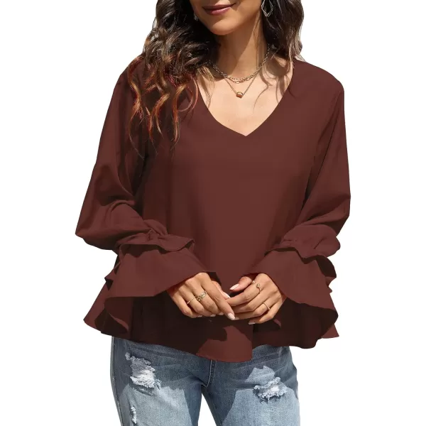 LYANER Women's Casual V Neck Tiered Ruffle Bell Long Sleeve Blouse Shirt Tunic Top