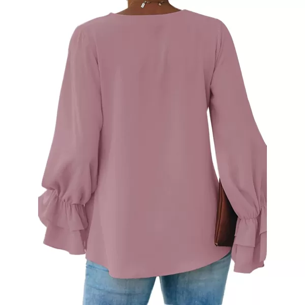 LYANER Women's Casual V Neck Tiered Ruffle Bell Long Sleeve Blouse Shirt Tunic Top