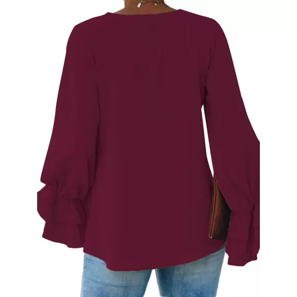 LYANER Women's Casual V Neck Tiered Ruffle Bell Long Sleeve Blouse Shirt Tunic Top