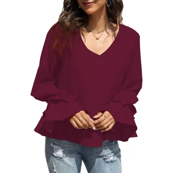 LYANER Women's Casual V Neck Tiered Ruffle Bell Long Sleeve Blouse Shirt Tunic Top