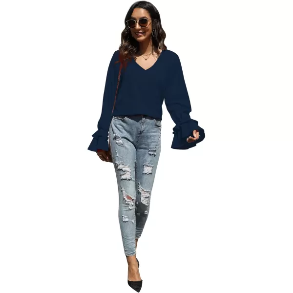 LYANER Women's Casual V Neck Tiered Ruffle Bell Long Sleeve Blouse Shirt Tunic Top