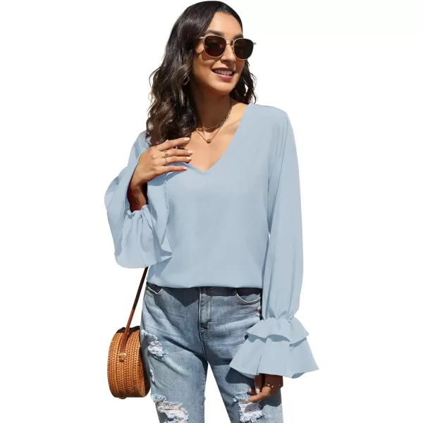 LYANER Women's Casual V Neck Tiered Ruffle Bell Long Sleeve Blouse Shirt Tunic Top