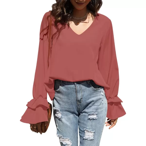LYANER Women's Casual V Neck Tiered Ruffle Bell Long Sleeve Blouse Shirt Tunic Top