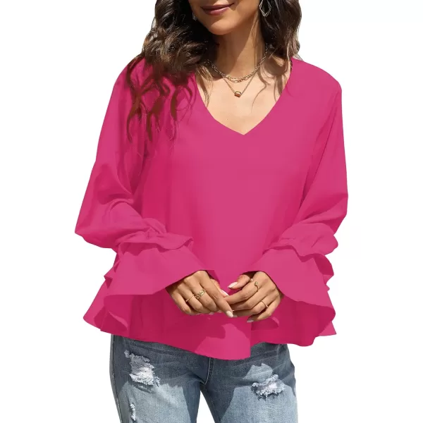 LYANER Women's Casual V Neck Tiered Ruffle Bell Long Sleeve Blouse Shirt Tunic Top
