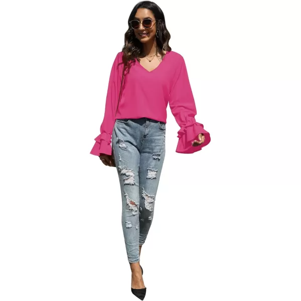 LYANER Women's Casual V Neck Tiered Ruffle Bell Long Sleeve Blouse Shirt Tunic Top