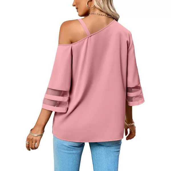 LYANER Women's Cold Shoulder Mesh Panel 3/4 Bell Sleeve Casual Top Blouse Shirt
