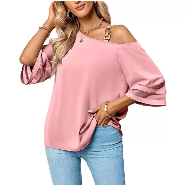 LYANER Women's Cold Shoulder Mesh Panel 3/4 Bell Sleeve Casual Top Blouse Shirt