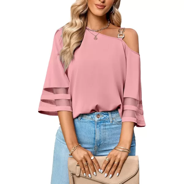 LYANER Women's Cold Shoulder Mesh Panel 3/4 Bell Sleeve Casual Top Blouse Shirt