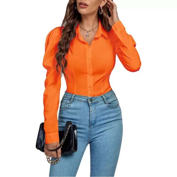 LYANER Women's Collar Button Down Puff Long Sleeve Leotard Bodysuit Tops