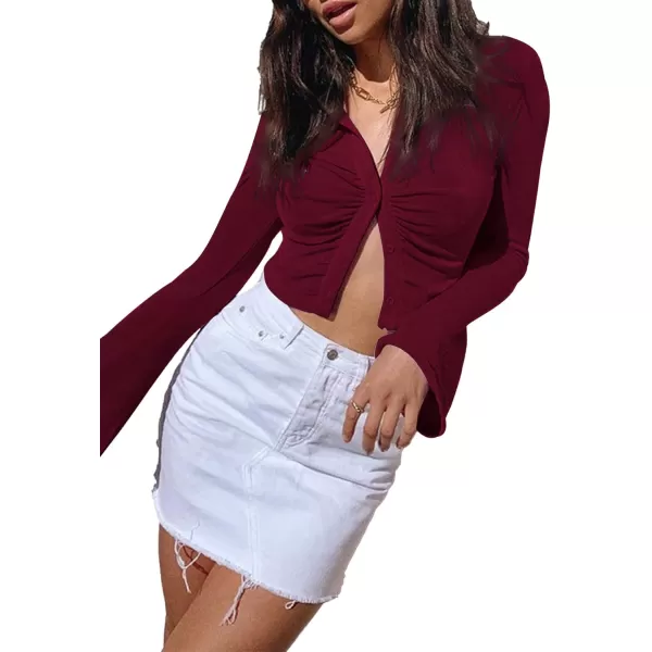 LYANER Women's Collar Button Down Ruched Long Sleeve Fitted Crop Tee Shirt Top
