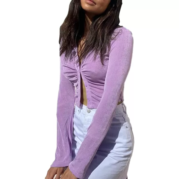 LYANER Women's Collar Button Down Ruched Long Sleeve Fitted Crop Tee Shirt Top