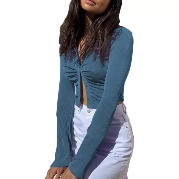 LYANER Women's Collar Button Down Ruched Long Sleeve Fitted Crop Tee Shirt Top