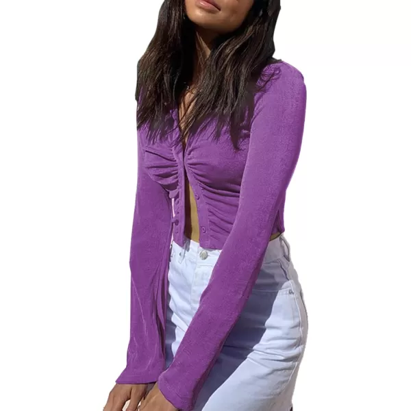 LYANER Women's Collar Button Down Ruched Long Sleeve Fitted Crop Tee Shirt Top