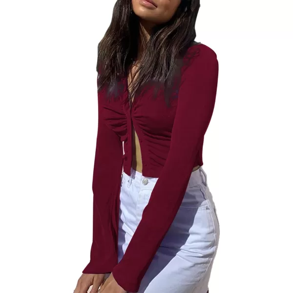 LYANER Women's Collar Button Down Ruched Long Sleeve Fitted Crop Tee Shirt Top