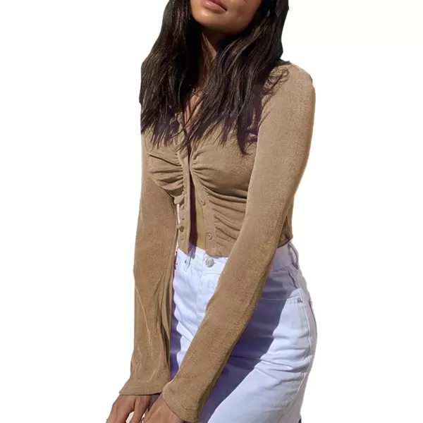 LYANER Women's Collar Button Down Ruched Long Sleeve Fitted Crop Tee Shirt Top