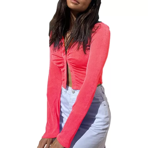 LYANER Women's Collar Button Down Ruched Long Sleeve Fitted Crop Tee Shirt Top