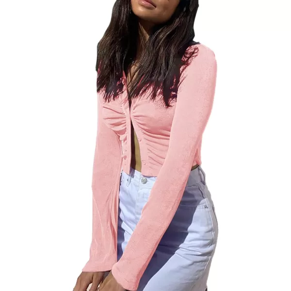 LYANER Women's Collar Button Down Ruched Long Sleeve Fitted Crop Tee Shirt Top