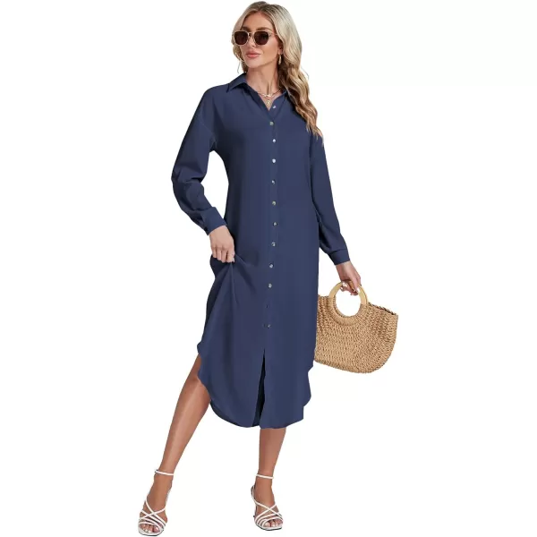 LYANER Women's Collar Button Long Sleeve Max Long Shirt Dress Cardigan Cover Ups