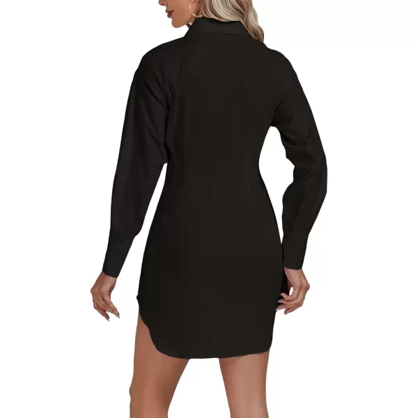 LYANER Women's Collar Buttons Down Pleated Long Sleeve Flared Mini Shirt Dress